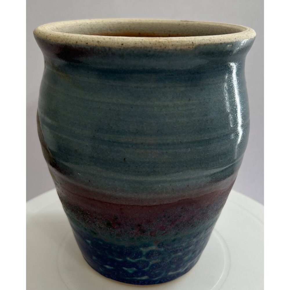 Handmade Pottery Vase Planter Abstract Glaze Blue & Burgundy Tones 7" Signed GT - Picture 4 of 9